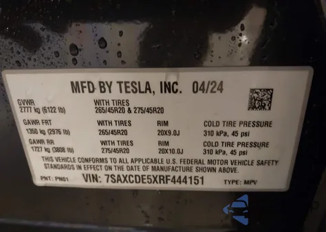 2024 Tesla Model X Long Range из США, поврежденный, VIN 7SAXCDE5XRF444151